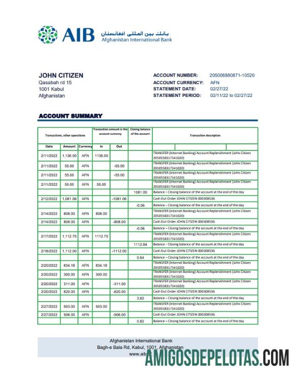 modelo de extrato bancário em branco do Afeganistão International Bank (AIB) em formato Excel e PDF